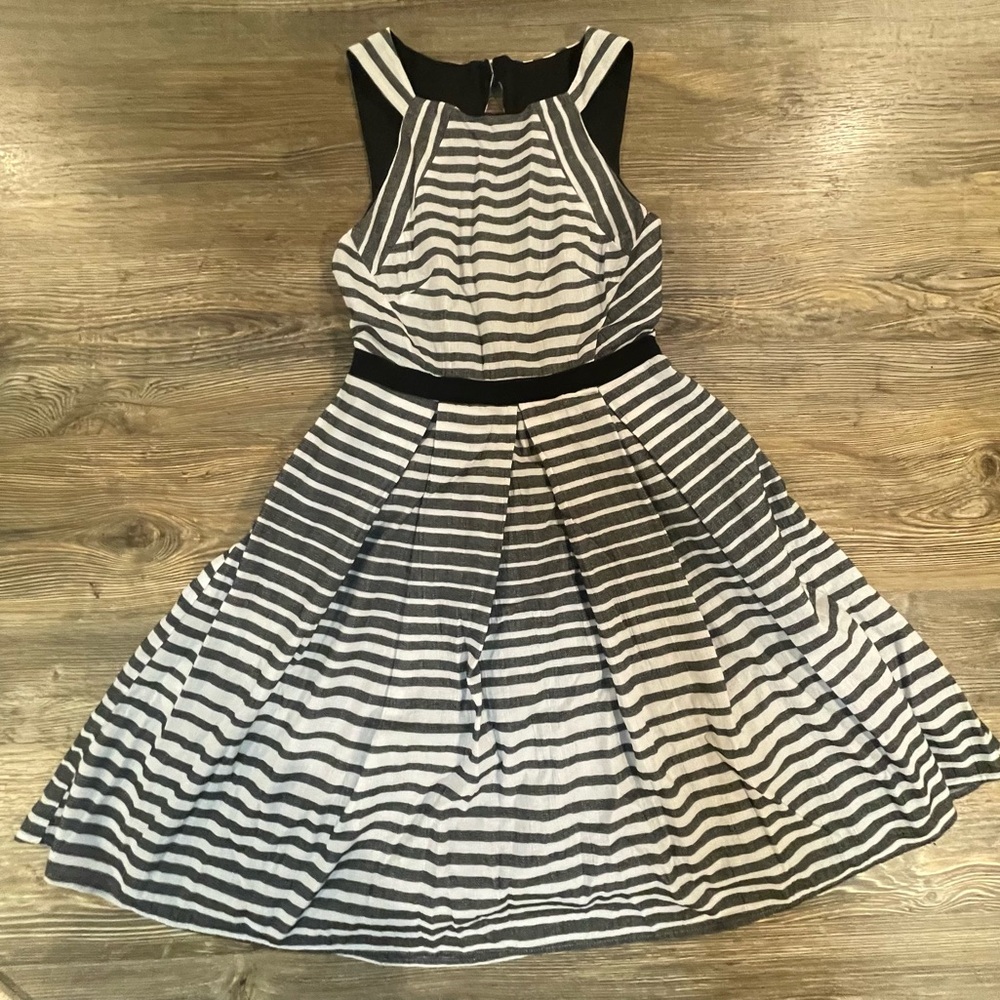 Eva Franco Anthropologie Saybrook Gray Stripe Dress Sz 4 Fit & Flare Swifty Cute